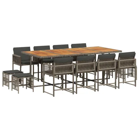 Ensemble à manger de jardin coussins 13 pcs gris résine tressée