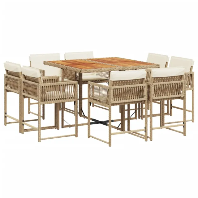 Ensemble à manger de jardin et coussins 9 pcs beige Poly rotin