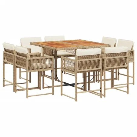 Ensemble à manger de jardin et coussins 9 pcs beige Poly rotin
