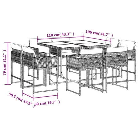 Ensemble à manger de jardin et coussins 9 pcs beige Poly rotin