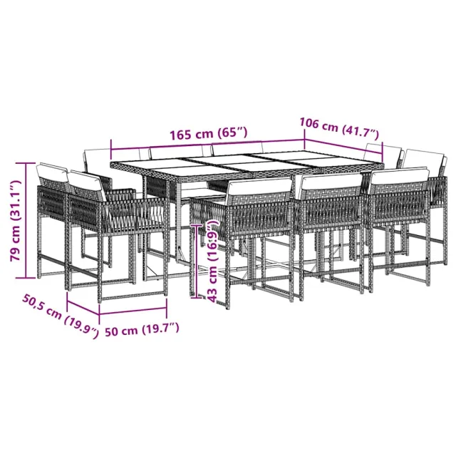 Ensemble à manger de jardin 11 pcs coussins noir résine tressée