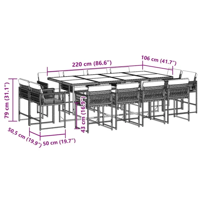 Ensemble à manger de jardin 13 pcs coussins noir résine tressée