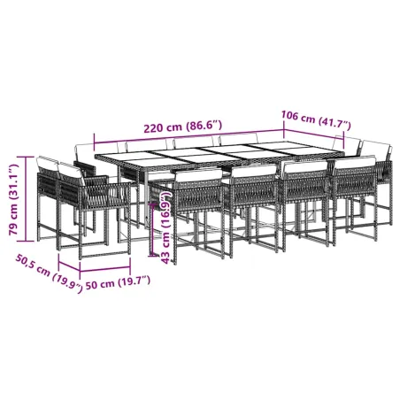 Ensemble à manger de jardin 13 pcs coussins noir résine tressée