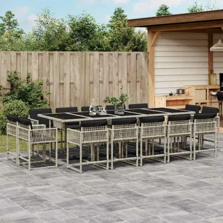 Ensemble à manger de jardin et coussins 15 pcs gris clair rotin