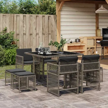 Ensemble à manger de jardin 9 pcs coussins gris résine tressée