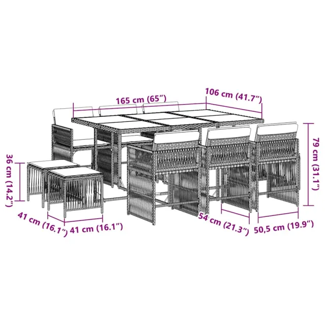 Ensemble à manger de jardin 11 pcs coussins noir résine tressée