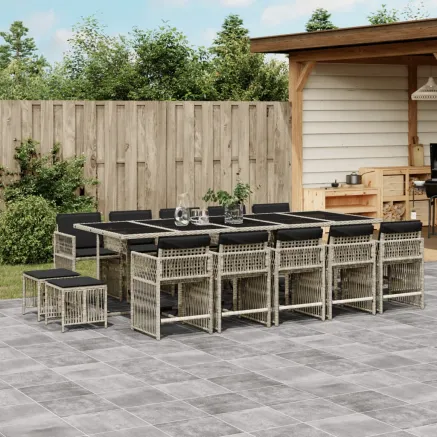 Ensemble à manger de jardin et coussins 15 pcs gris clair rotin