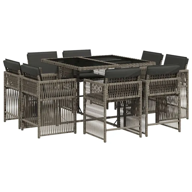 Ensemble à manger de jardin 9 pcs coussins gris résine tressée