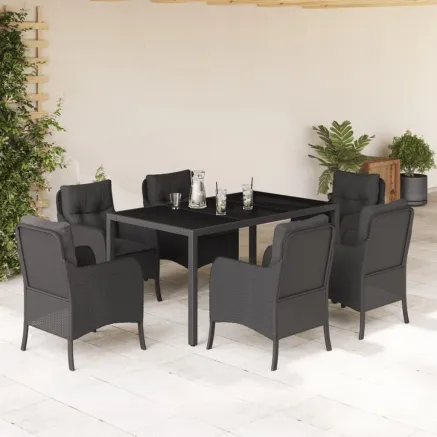 Ensemble à manger de jardin coussins 7pcs Noir Résine tressée