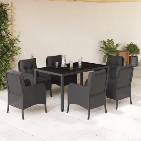 Ensemble à manger de jardin coussins 7pcs Noir Résine tressée