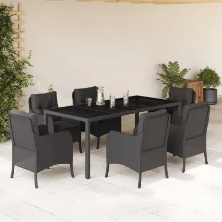 Ensemble à manger de jardin coussins 7pcs Noir Résine tressée