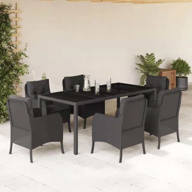 Ensemble à manger de jardin coussins 7pcs Noir Résine tressée