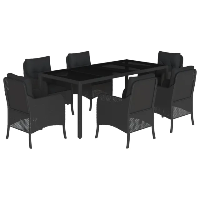 Ensemble à manger de jardin coussins 7pcs Noir Résine tressée
