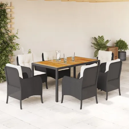 Ensemble à manger de jardin coussins 7pcs Noir Résine tressée