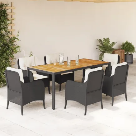 Ensemble à manger de jardin coussins 7pcs Noir Résine tressée