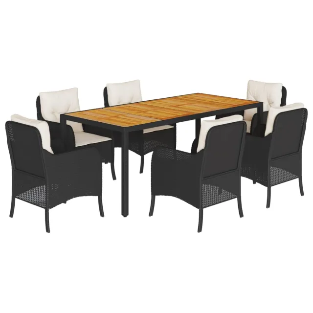 Ensemble à manger de jardin coussins 7pcs Noir Résine tressée