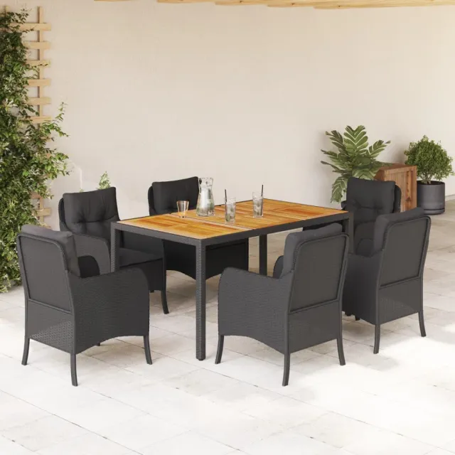 Ensemble à manger de jardin coussins 7pcs Noir Résine tressée