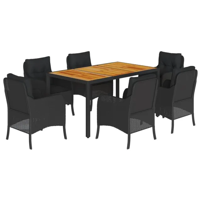 Ensemble à manger de jardin coussins 7pcs Noir Résine tressée