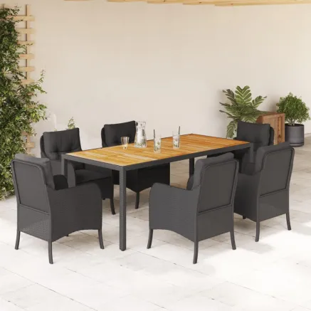 Ensemble à manger de jardin coussins 7pcs Noir Résine tressée