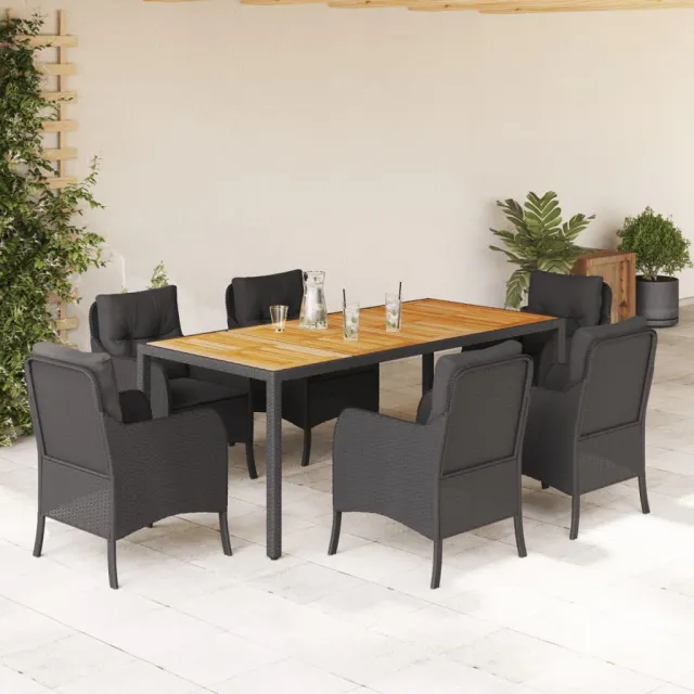 Ensemble à manger de jardin coussins 7pcs Noir Résine tressée