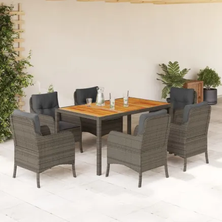 Ensemble à manger de jardin et coussins 7 pcs gris rotin