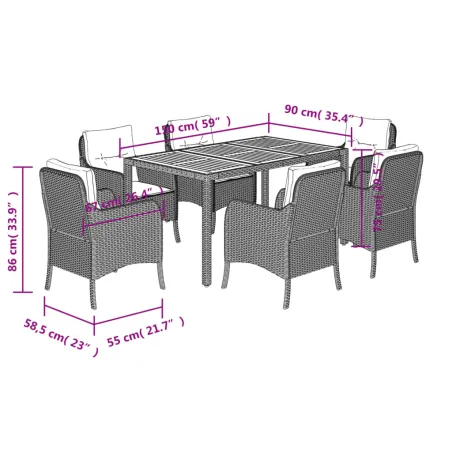 Ensemble à manger de jardin et coussins 7 pcs gris rotin