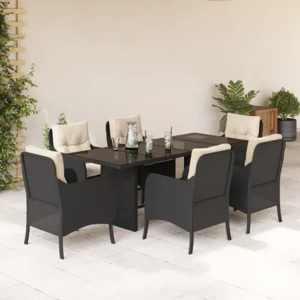Ensemble à manger de jardin coussins 7pcs Noir Résine tressée