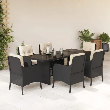 Ensemble à manger de jardin coussins 7pcs Noir Résine tressée