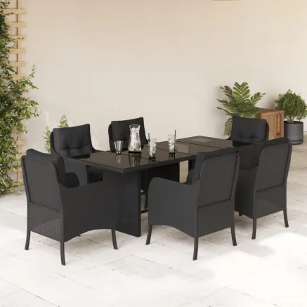Ensemble à manger de jardin coussins 7pcs Noir Résine tressée