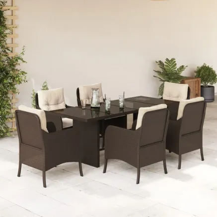Ensemble à manger de jardin et coussins 7 pcs marron rotin