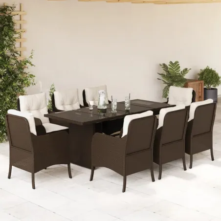 Ensemble à manger de jardin et coussins 9 pcs marron poly rotin
