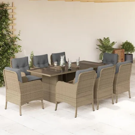 Ensemble à manger de jardin et coussins 9 pcs beige Poly rotin