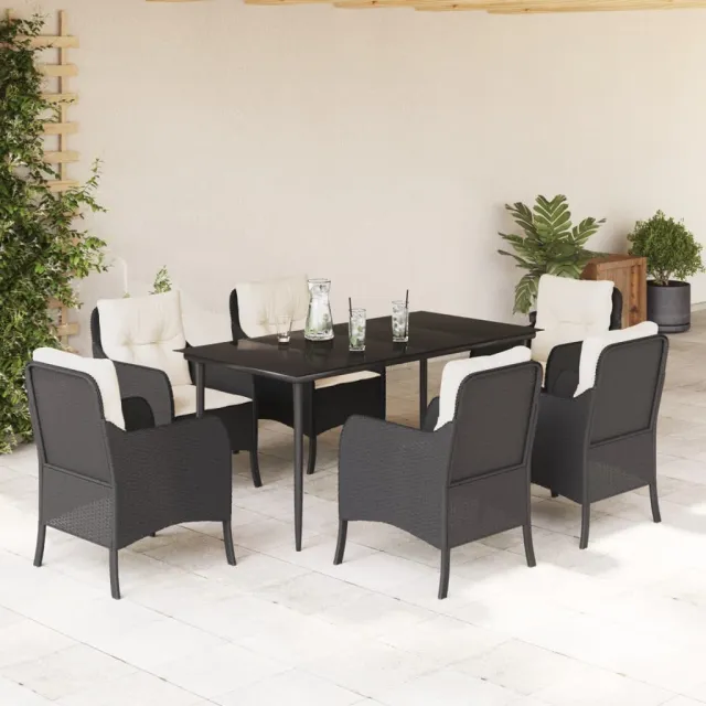 Ensemble à manger de jardin coussins 7pcs Noir Résine tressée