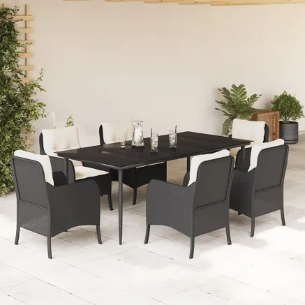 Ensemble à manger de jardin coussins 7pcs Noir Résine tressée