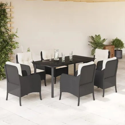 Ensemble à manger de jardin coussins 7pcs Noir Résine tressée