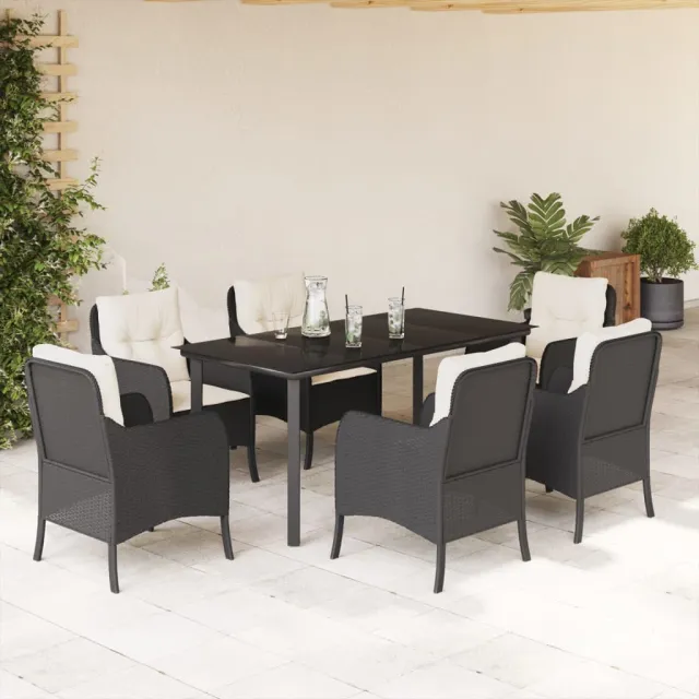 Ensemble à manger de jardin coussins 7pcs Noir Résine tressée