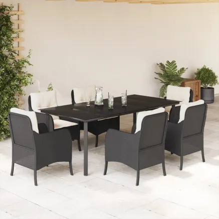 Ensemble à manger de jardin coussins 7pcs Noir Résine tressée