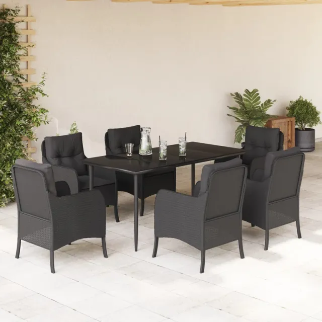 Ensemble à manger de jardin coussins 7pcs Noir Résine tressée