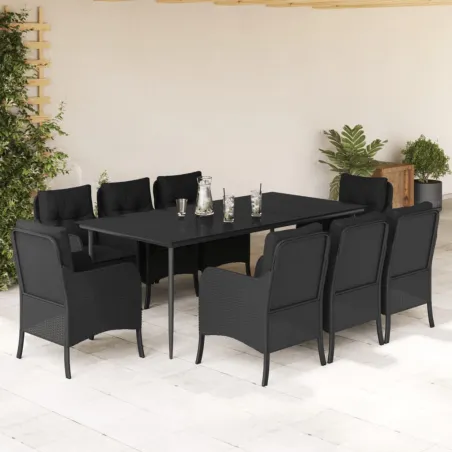 Ensemble à manger de jardin 9pcs coussins noir résine tressée