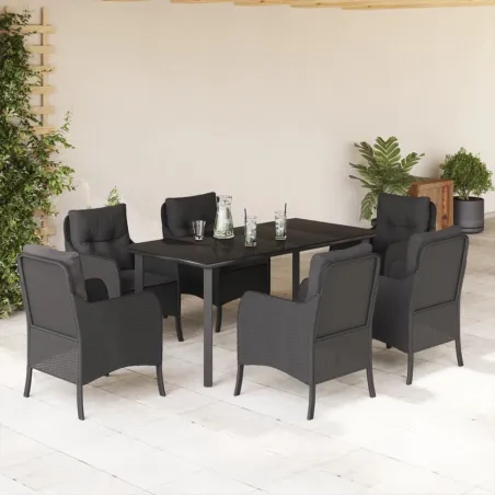 Ensemble à manger de jardin coussins 7pcs Noir Résine tressée