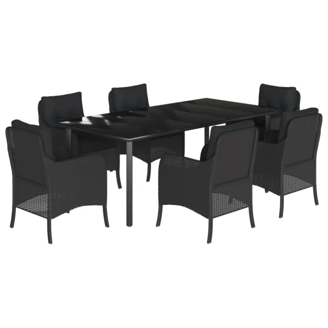 Ensemble à manger de jardin coussins 7pcs Noir Résine tressée