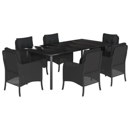 Ensemble à manger de jardin coussins 7pcs Noir Résine tressée