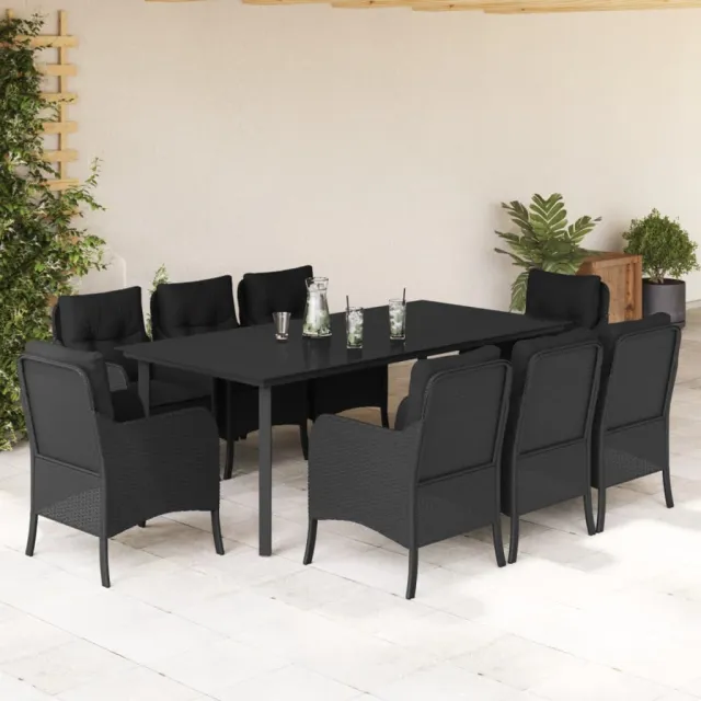 Ensemble à manger de jardin 9pcs coussins noir résine tressée