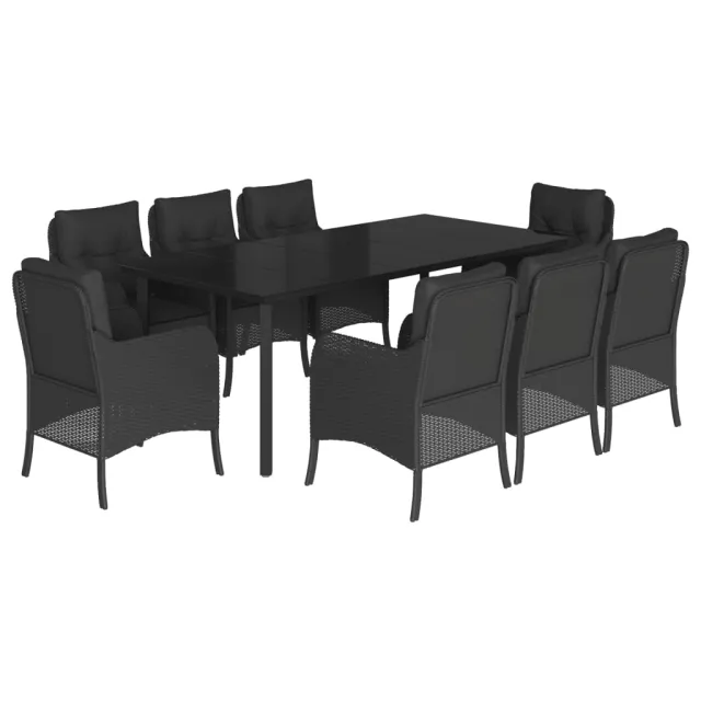 Ensemble à manger de jardin 9pcs coussins noir résine tressée