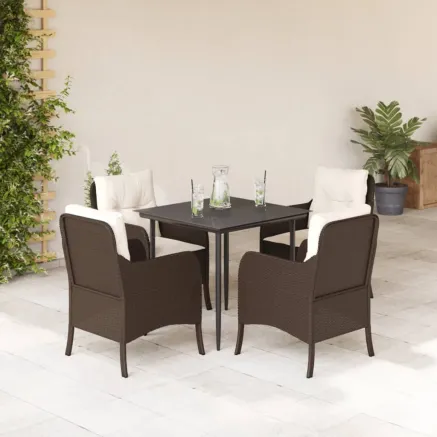Ensemble à manger de jardin 5 pcs et coussins marron poly rotin