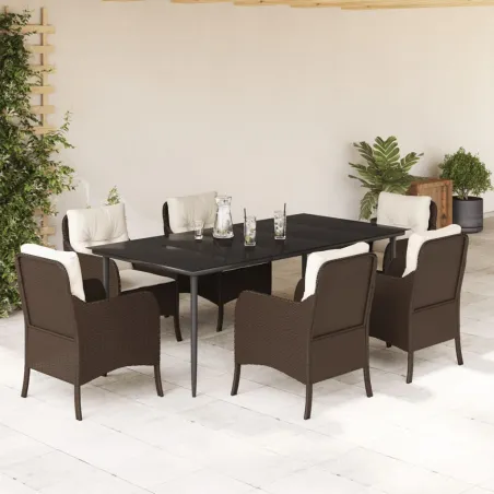 Ensemble à manger de jardin et coussins 7 pcs marron rotin