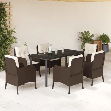 Ensemble à manger de jardin et coussins 7 pcs marron rotin