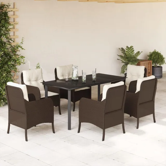 Ensemble à manger de jardin et coussins 7 pcs marron rotin