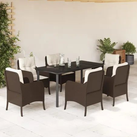 Ensemble à manger de jardin et coussins 7 pcs marron rotin