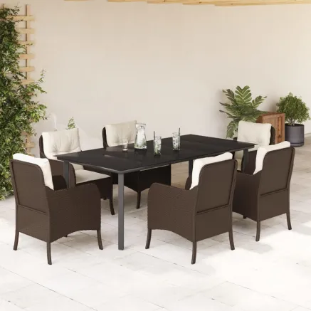 Ensemble à manger de jardin et coussins 7 pcs marron rotin